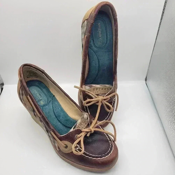 Sperry Top-Sider Wedge Heels Blue Plaid "Goldfish" Size 7.5 M Brown Leather - Picture 2 of 11